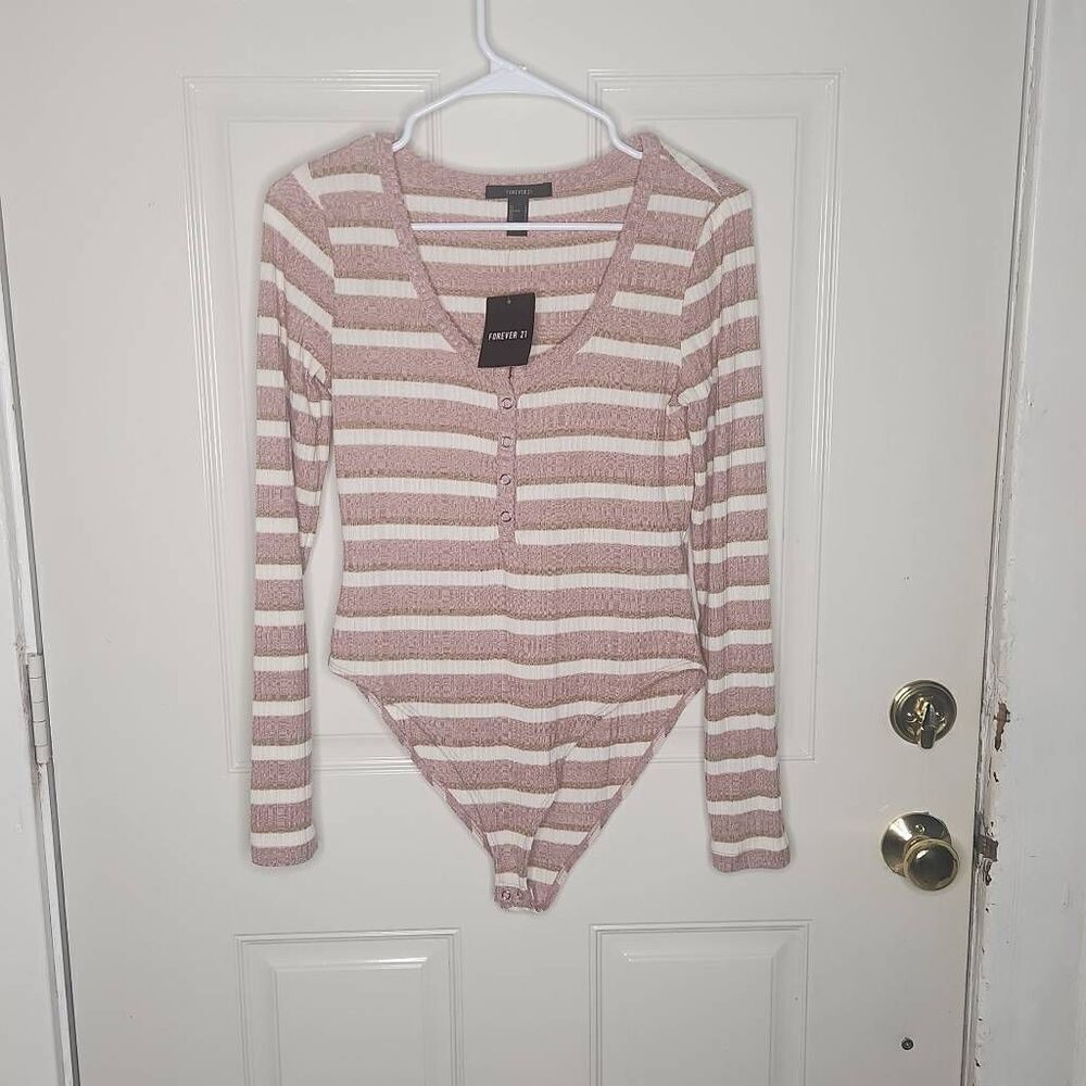 Forever 21 pink multi striped bodysuit women's size L
